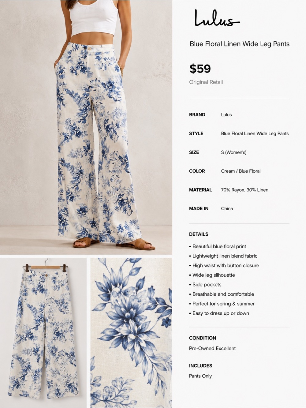 Lulu's Blue Floral Linen Wide Leg Pants